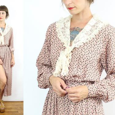 Vintage 90's Edwardian Inspired Pink Long Sleeve Dress / Fall / Dress with Pockets / Midi / Women's Size Small 