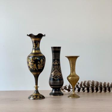 Collected Set of 3 Vintage Brass Vases | Made in India Black and Etched Brass Bud Vase Set | Curated Set | Boho Decor 
