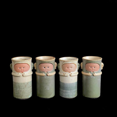 Vintage Mid Century Modern 1970s Japan Stoneware Pottery Whimsical Collection Set of 4 Baby Doll Boys Drinking Glasses UCTCI Japanese 