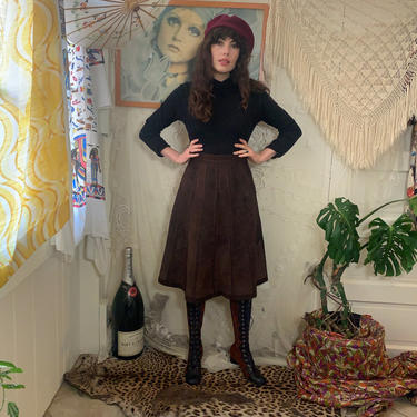 70's suede patchwork skirt - crochet - high-waisted - chocolate brown - x-small/small 