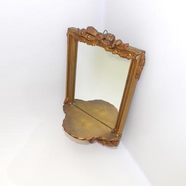 Antique 1900's Wood Framed Gilt Gold Mirror With Shelf Petite French Country Provincial Home Decor Entryway Bathroom Hallway Mirror 
