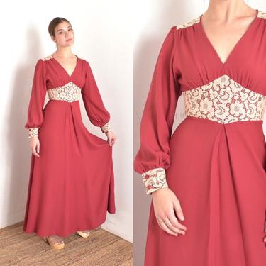Vintage 1970s Dress / 70s Burgundy Rayon Maxi Dress Gown / Cream Lace ( small S ) 