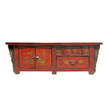 Chinese Distressed Red Flower Graphic Low TV Console Cabinet cs5123E 
