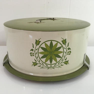Vintage Decoware Cake Carrier Hex Sign Enamel Green White Farmhouse Cottage Mid-Century Picnic Kitchen Metal Holder Container 