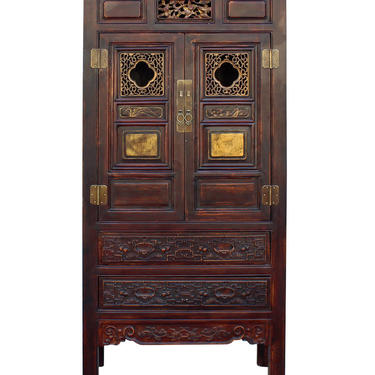 Chinese Fujian Brown Golden Carving Graphic Armoire Storage Cabinet cs2981E 
