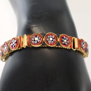 Unusual 60's micro mosaic gold plated metal floral bracelet, red & blue glass flowers curved bars boho hippie bracelet 