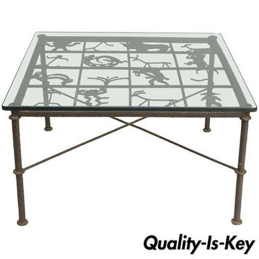 Metal and Glass Square Brutalist Coffee Table with Native American Glyph Figures