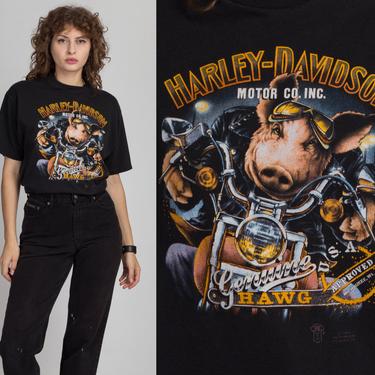 Vintage 1989 Harley Davidson Genuine Hawg 3D Emblem T Shirt - Men's Large | 80s Black Motorcycle Graphic Souvenir Biker Tee 