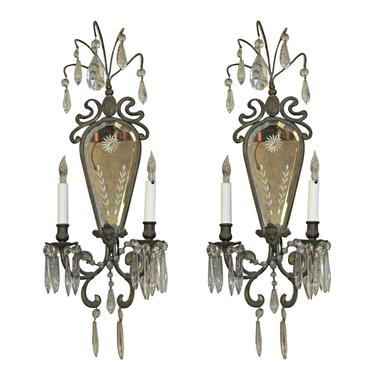 1930s Pair of Bronze & Etched Mirror Wall Sconces