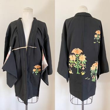Vintage 1970s Black Silk Haori / deadstock Kimono 