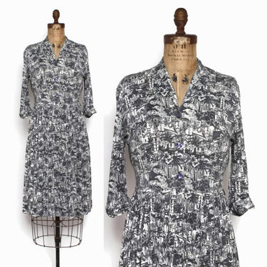 Vintage 40s Novelty Print Dress / 1940s Cuban Print Jersey Day Dress M 