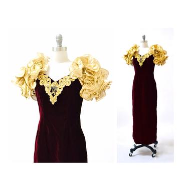 Vintage 80s Prom Dress Red Velvet Gold Metallic Evening Gown Small Medium// Vintage Dark Red Velvet gold metallic Ruffle Dress Pageant Gown 