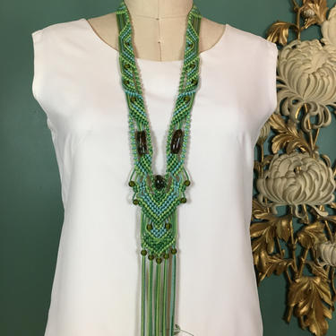 1970s macrame necklace, statement necklace, hippie necklace, green tassel necklace, bohemian style, festival jewelry, boho necklace, beaded 