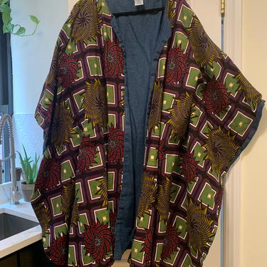 70s Vintage DUSTER tribal print kimono sleeve tunic, bohemian oversized denim jacket coat, women's outerwear, burning man festival fashion 