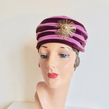 Vintage 1960's Pink and Plum Lilac Purple Velvet Striped Turban Pillbox Hat with Gold Starburst Brooch Retro Mid Century 60's Millinery 