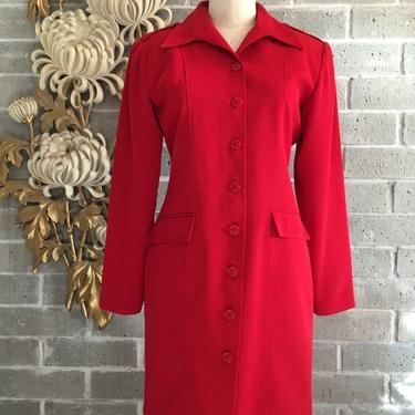 Vintage Halston jacket, 1990s red jacket, Long fitted jacket, size medium, blazer style jacket, dress coat 