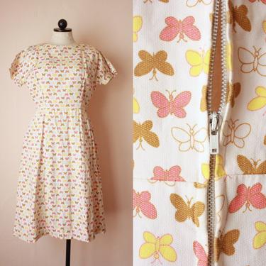 60s Cotton Butterfly Print Dress Size M 