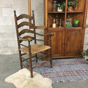 LOCAL PICKUP ONLY Vintage Chair Retro 1960s Dark Brown Wood High Back Colonial Farmhouse Style Dining Chair + Woven Rope Seat + Spindle Legs 