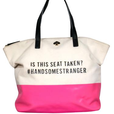 Kate Spade - Beige &amp; Hot Pink Canvas “Is This Seat Taken?” Graphic Tote