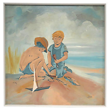 Sale, Cape Cod Oil On Canvas Beach Scene, Original Beach Scene, Two Boys Oil On Canvas 