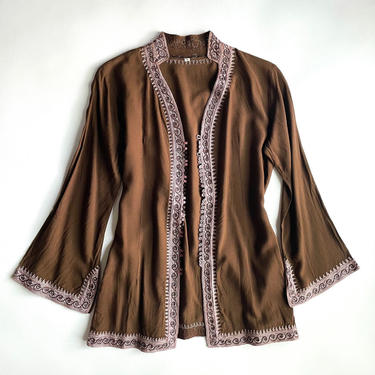 Brown Jacket With Purple Embroidery And Buttons 