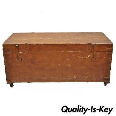 19th C Antique Brown Distress Painted Pine Wood Dovetailed Blanket Chest Trunk