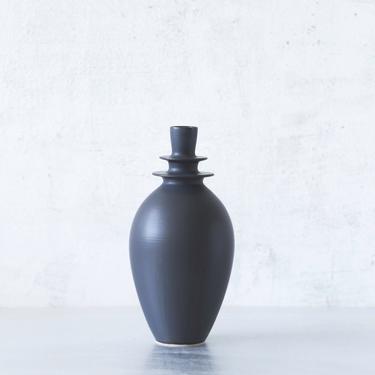 SHIPS NOW- Seconds Sale- one small double flanged stoneware vase glazed in Matte Black by Sara Paloma Pottery.  black modern bud vase 