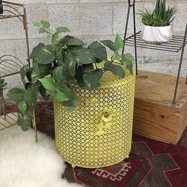 Vintage Metal Planter Retro 1960s Bright Yellow Circular Pot or Trash Can Over Sized Waste Bin with Cut Metal + Flower Detail 
