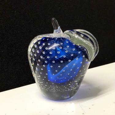 Bullicante Blue Glass Apple Paperweight Controlled Bubble 