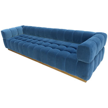 Custom “Oscar” Tufted Blue Velvet Sofa with Brass Base