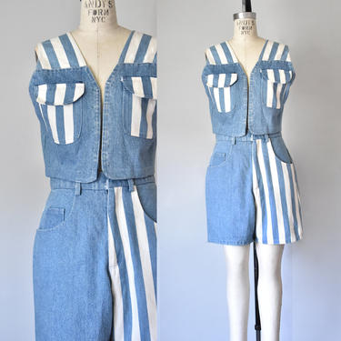 jean shorts and vest, striped denim shorts, 80s clothing 