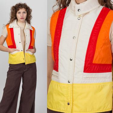 70s 80s Color Block Puffer Vest - Medium | Vintage Retro Sleeveless Ski Jacket 