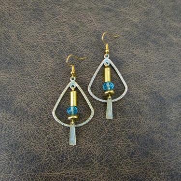 Patina hoop earrings, hammered brass earrings, statement earrings, mid century modern earrings, blue crystal earrings, boho chic earrings 3 
