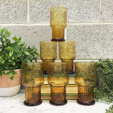 Vintage Drinking Glass Set Retro 1970s Libbey + County Garden + Clear + Amber + Set of 6 + Embossed Flower + Tumblers + Home + Kitchen Decor 