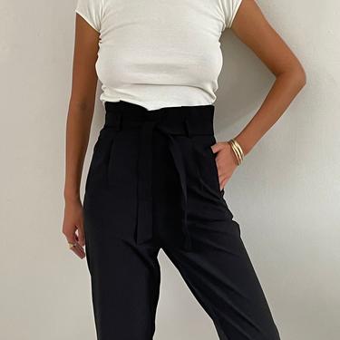 90s paperbag waist pants / vintage black pleated tapered polyester belted pants | S 
