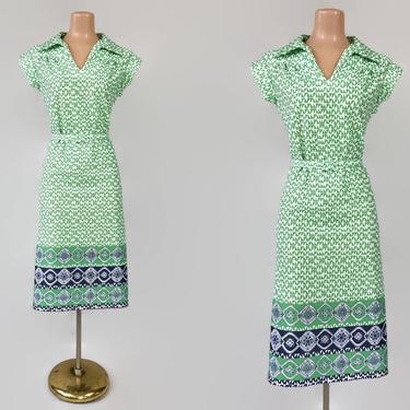 VINTAGE 60s 70s Geometric Op-Art Print Mod Dress | 1960s Belted Dress | Retro GoGo Dress M/L | Green, Blue, White NPC Fashions Sz 12 