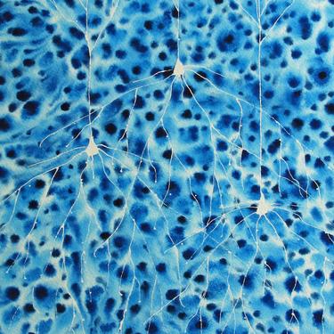 Big Blue Batik Pyramidal Neurons - original watercolor painting of neurons, brain cells 