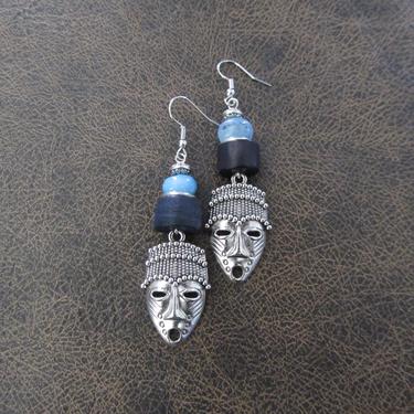 African mask earrings, tribal dangle earrings, wooden earrings, Afrocentric earrings, ethnic earrings, unique primitive earring, tiki blue 