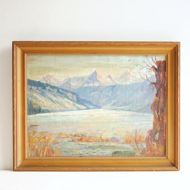 Vintage Lake and Mountains Original Landscape Oil Painting, E. Rohrbach Signed Landscape Painting in Wood Frame 