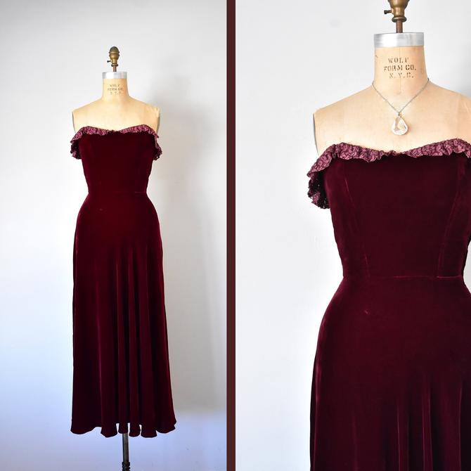 Eva silk velvet dress, 1950s evening dress, strapless pin up dress, burgundy 1940s dress 
