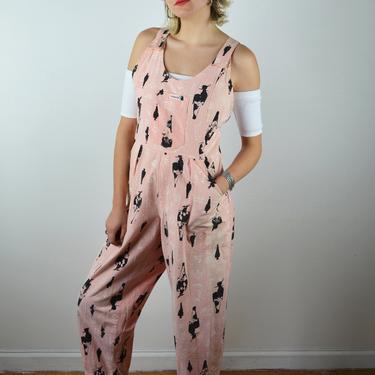 Vintage 80s 90s Print Overalls Jumpsuit /  1980s 1990s Overalls Jumpsuit/  Pink Black Abstract Man Geometric Print Small XS Punk Streetwear 