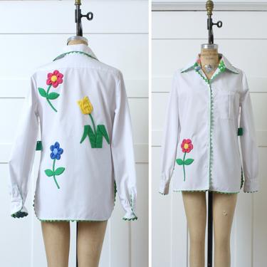 vintage NWT 1970s craft blouse by Catherine Carr • flower applique shirt with long sleeves & oversized 70s collar NOS 