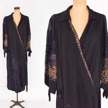 1900s Black Embroidered Evening Dress | 1900s Black Crepe Dress | Black Wrap Dress | Downton Abbey | Medium 