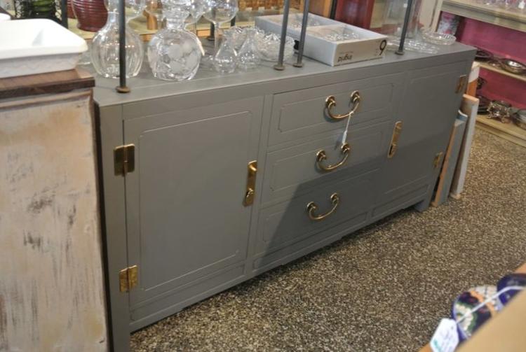 Grey painted credenza with brass hardware. $595