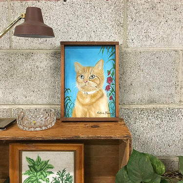 Vintage Cat Painting Retro Size 8X11 Homemade Rectangular Acrylic Artwork Tan Tabby Kitten with Flowers in Brown Wood Frame 