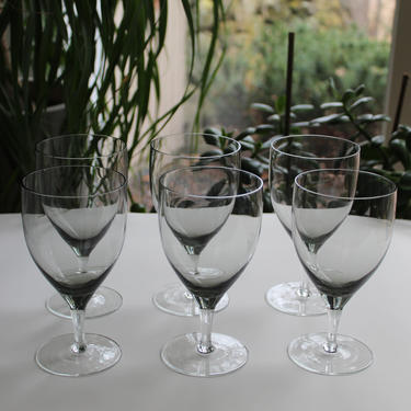 Gorgeous set of 6 Mid Century Modern Smoke Gray Crystal Wine Glasses - Fostoria Debutante, Similar to Danish or Scandinavian Design, 