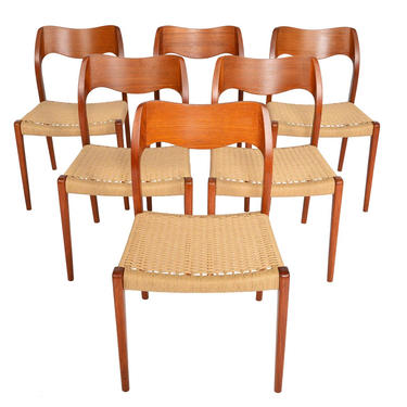 Set of Six Danish Mid Century Modern Moller Model 71 Teak + Paper Cord  Dining Chairs 