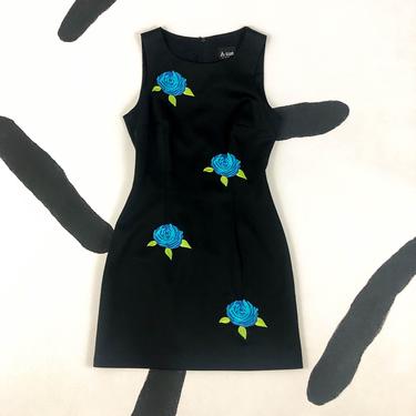 90s Black and Blue Rose Tank Dress / Mini Dress / Applique / Embroidery / Goth / Cyber Goth / Club Kid / Rave / 00s / Delias / Clueless / M 