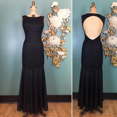 1990s mermaid gown, vintage 90s dress, backless, shimmering, size small, black lace, chevron, sleeveless, formal, 1990s prom, jump apparel 