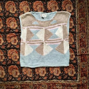 Vintage 80s pastel sweater vest, hand loomed sweater / early 80s knit vest - 1980s pastel top / kawaii sweater - '80s geometric sweater vest 
